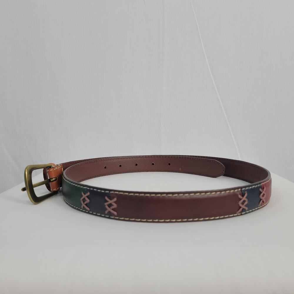 Earth Tone Patchwork Genuine Leather Belt women's sz L Boho Country Artsy Rodeo - Picture 6 of 9